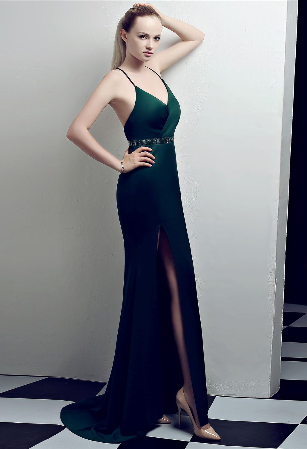 Beaded Waist Crisscross Open Back Cami Gown in Emerald