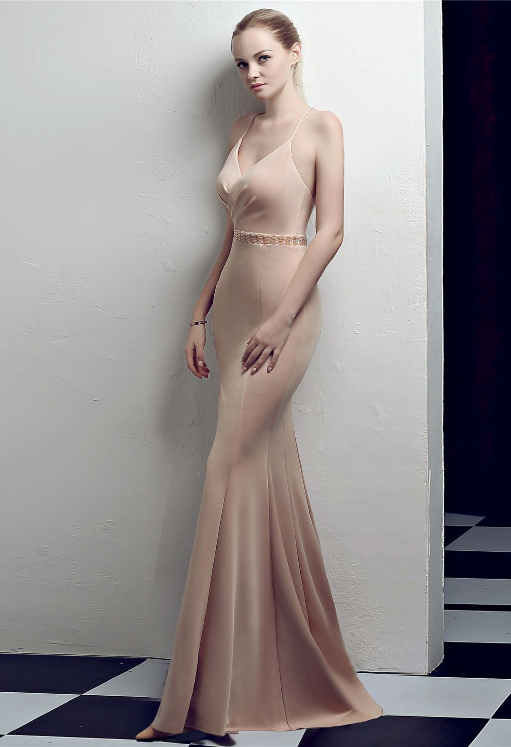 Beaded Waist Crisscross Open Back Cami Gown in Champagne