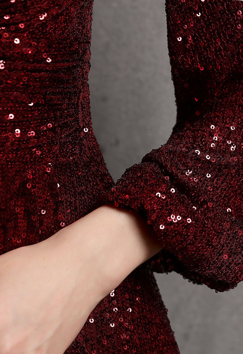 Shimmer Sequin Ruffle Wrap Dress in Burgundy