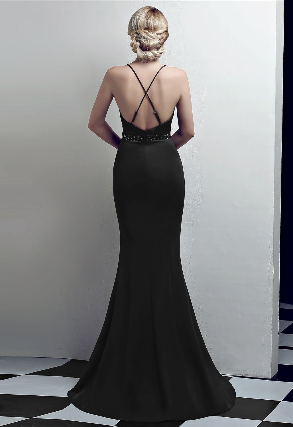 Beaded Waist Crisscross Open Back Cami Gown in Black