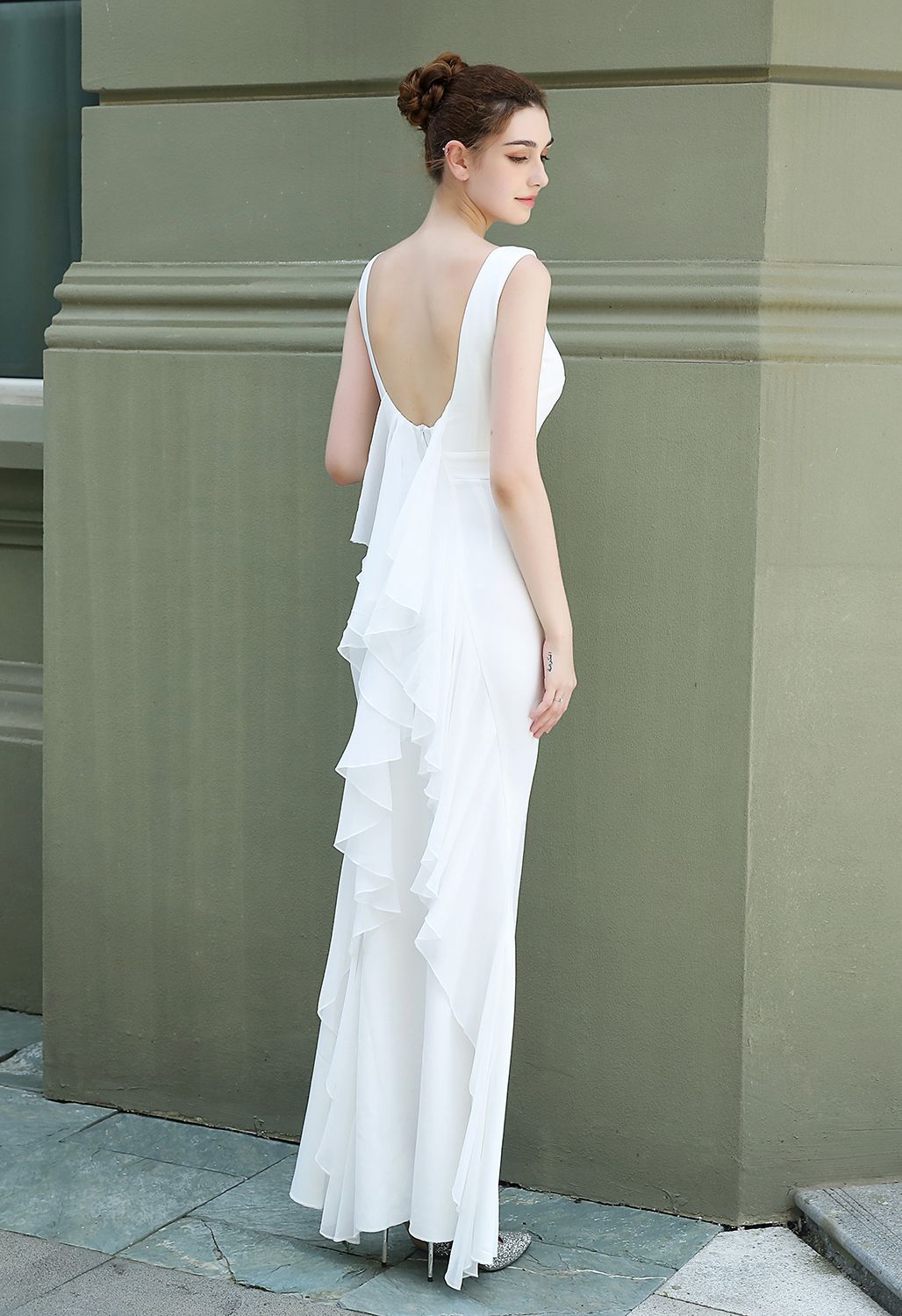 Open Back Cascade Ruffle Sleeveless Gown in White