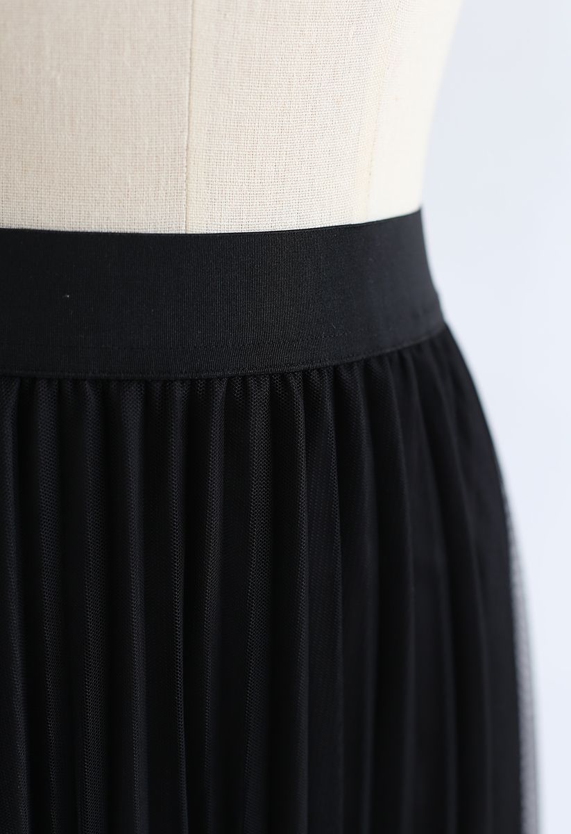 Mesh Asymmetric Hem Pleated Midi Skirt in Black - Retro, Indie and ...
