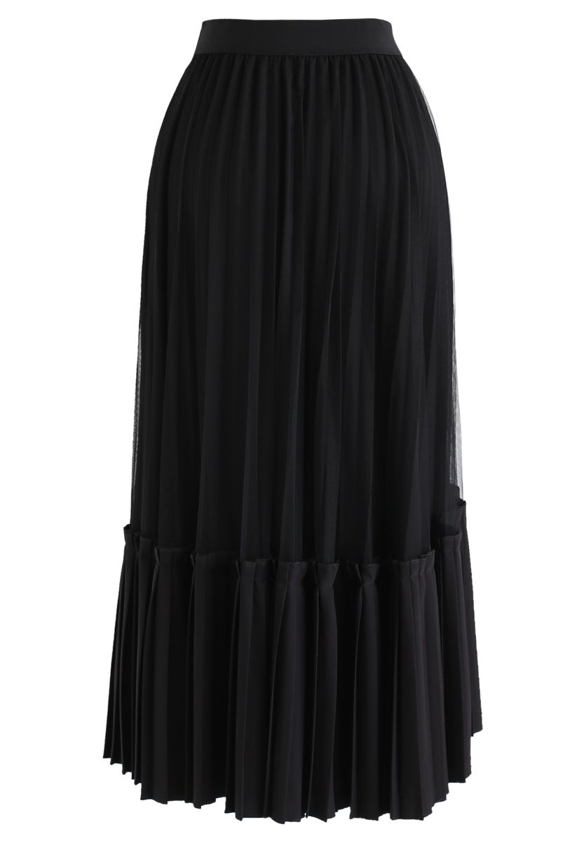 Mesh Asymmetric Hem Pleated Midi Skirt in Black