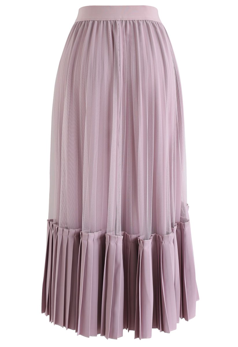 Mesh Asymmetric Hem Pleated Midi Skirt in Lilac