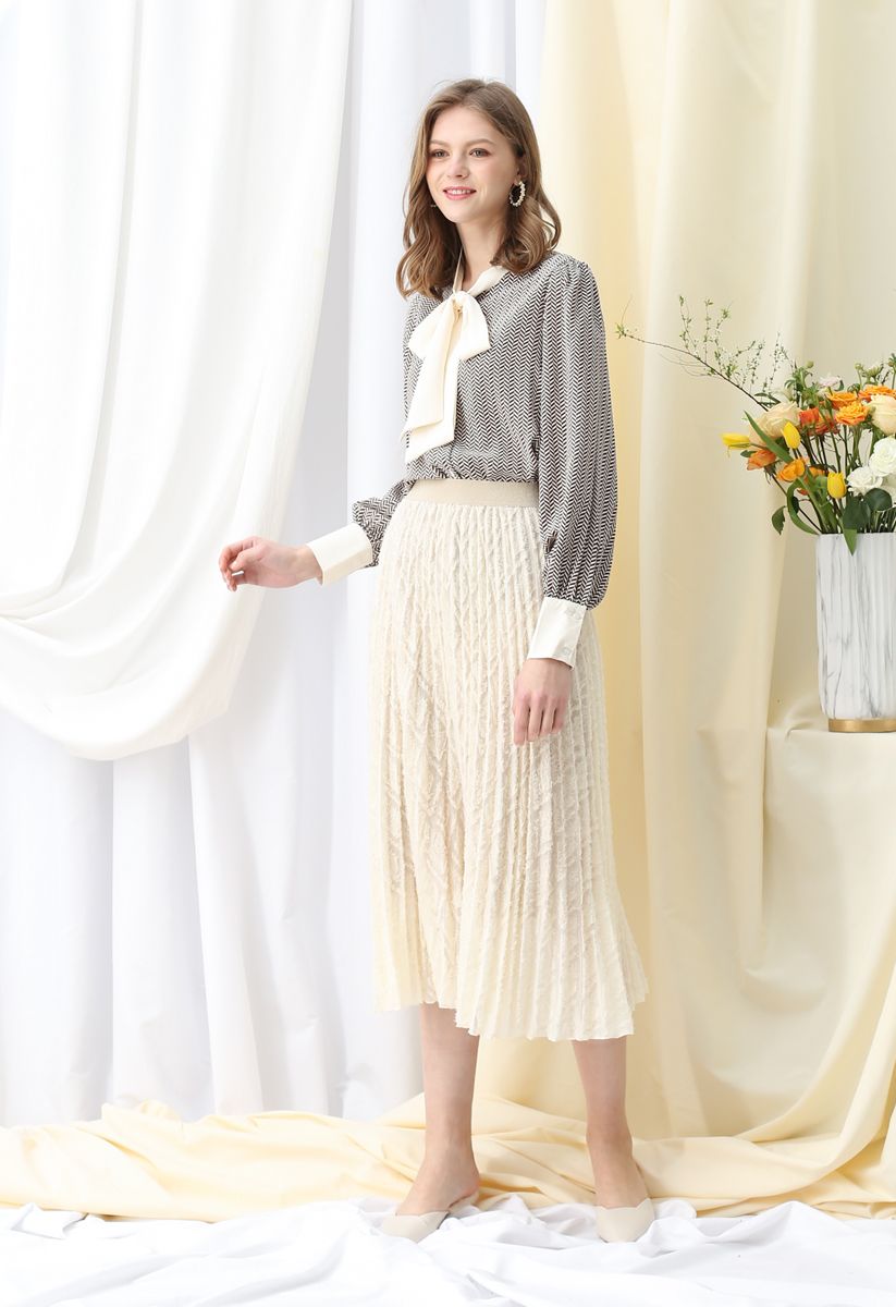 Feathers Tassel Pleated Midi Skirt in Cream