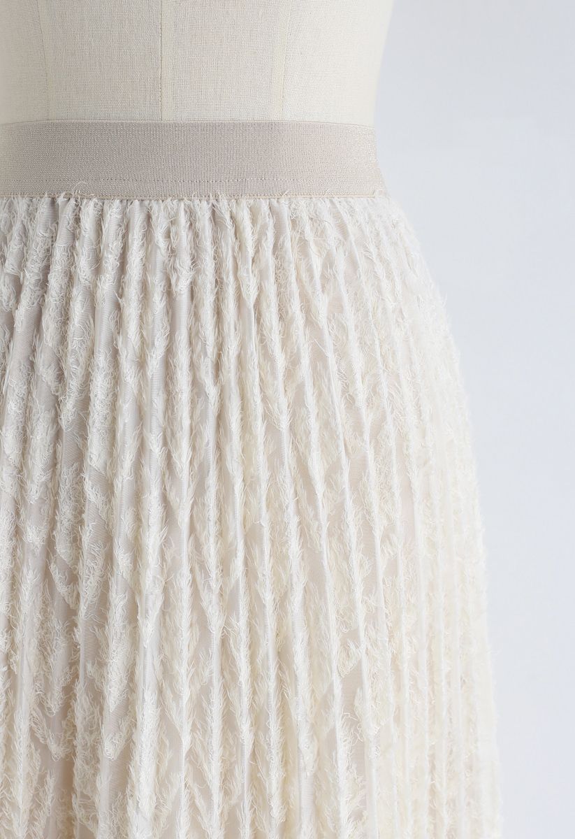 Feathers Tassel Pleated Midi Skirt in Cream