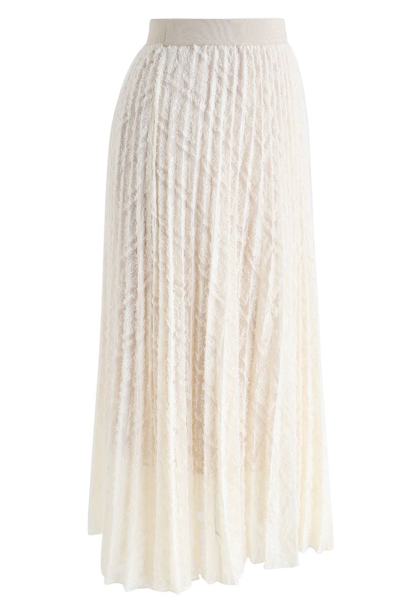 Feathers Tassel Pleated Midi Skirt in Cream