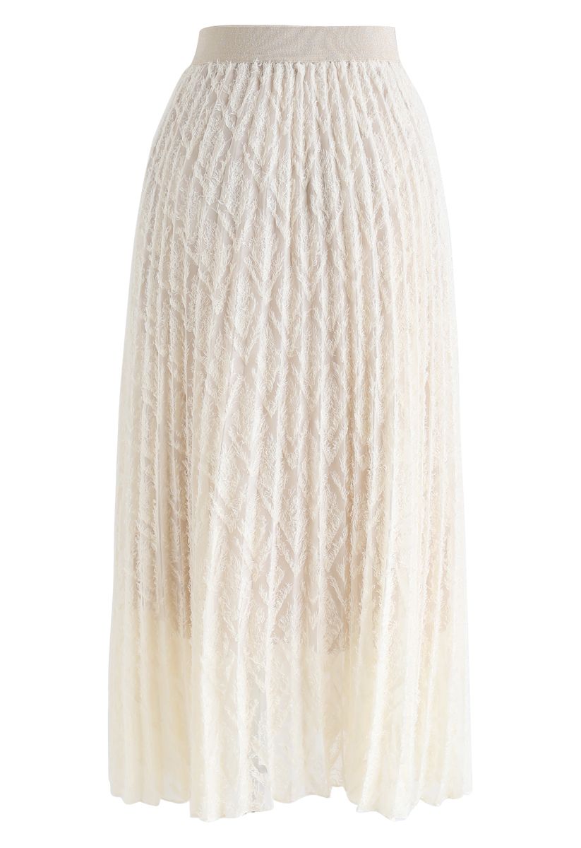 Feathers Tassel Pleated Midi Skirt in Cream