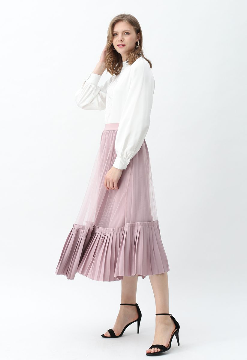 Mesh Asymmetric Hem Pleated Midi Skirt in Lilac