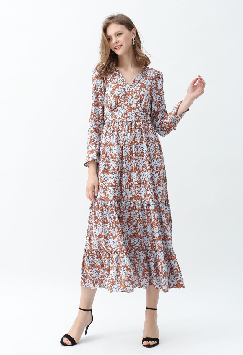 Lily Print Wrap Chiffon Maxi Dress in Caramel - Retro, Indie and Unique ...