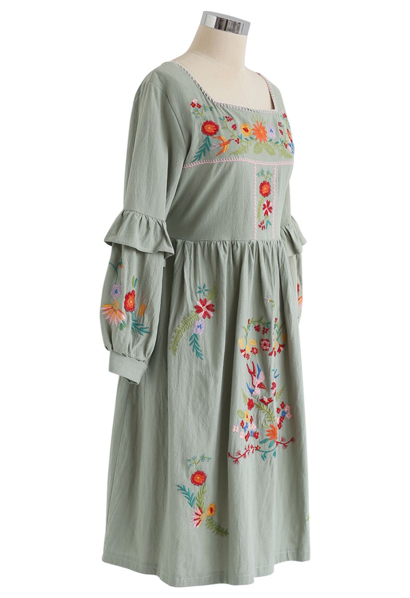 Square Neck Boho Embroidered Ruffle Dress
