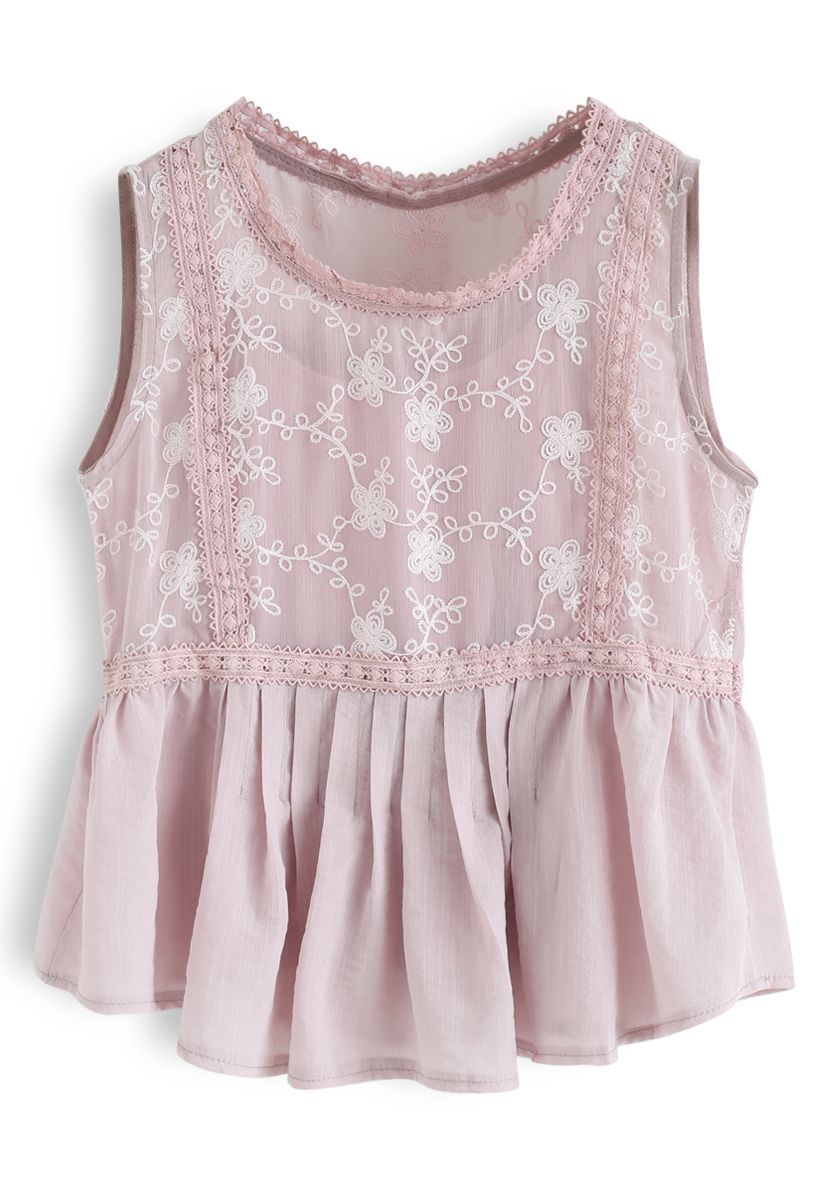 Embroidered Floral Crochet Sleeveless Top in Pink