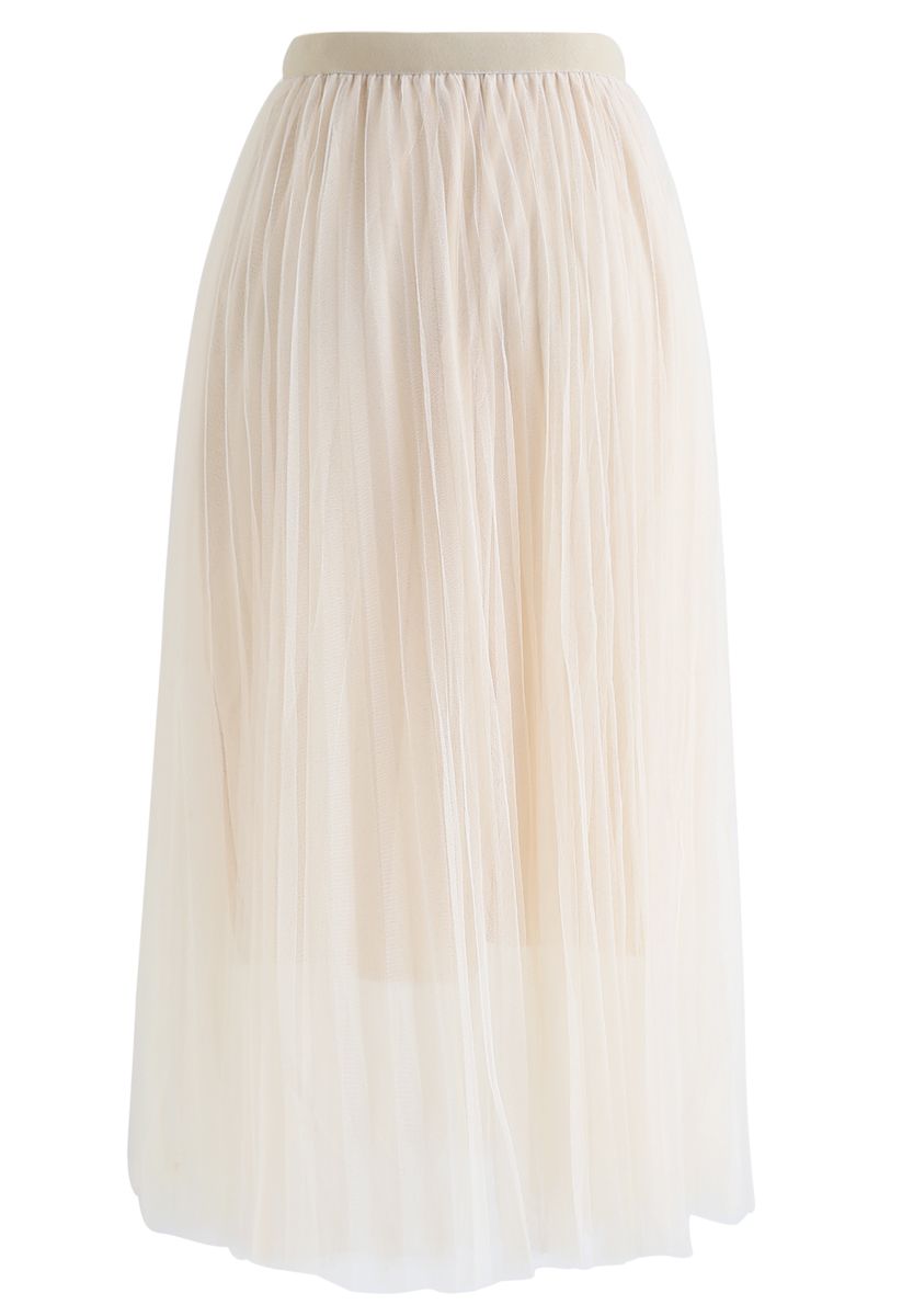 Pleated Double-Layered Mesh Tulle Pearls Skirt in Cream