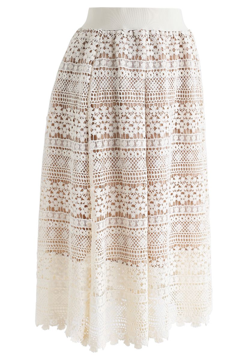 Floral Crochet Midi Skirt in Cream - Retro, Indie and Unique Fashion