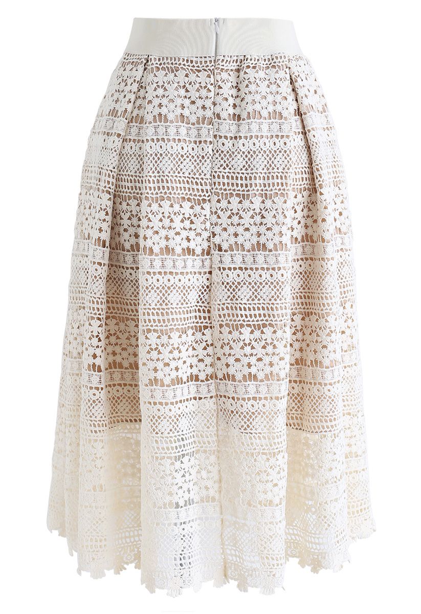 Floral Crochet Midi Skirt in Cream