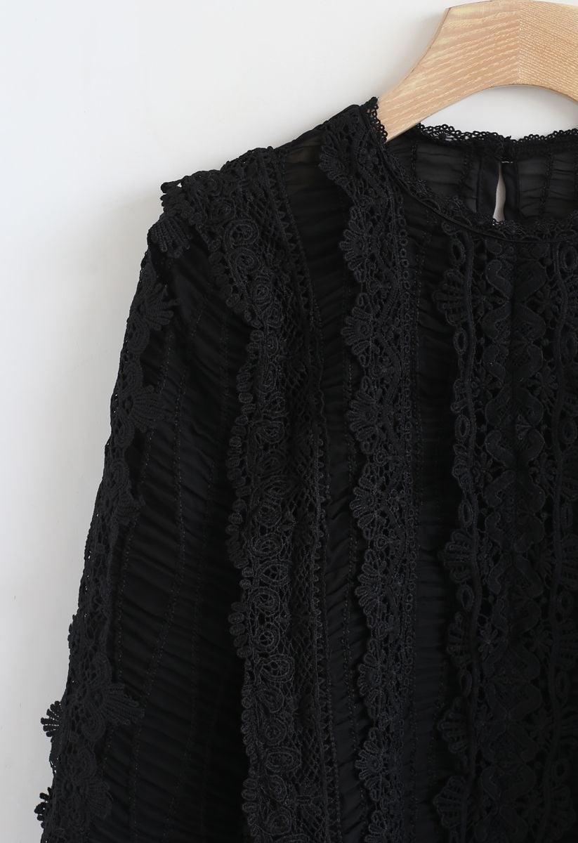 Semi-Sheer Crochet Shirred Top in Black