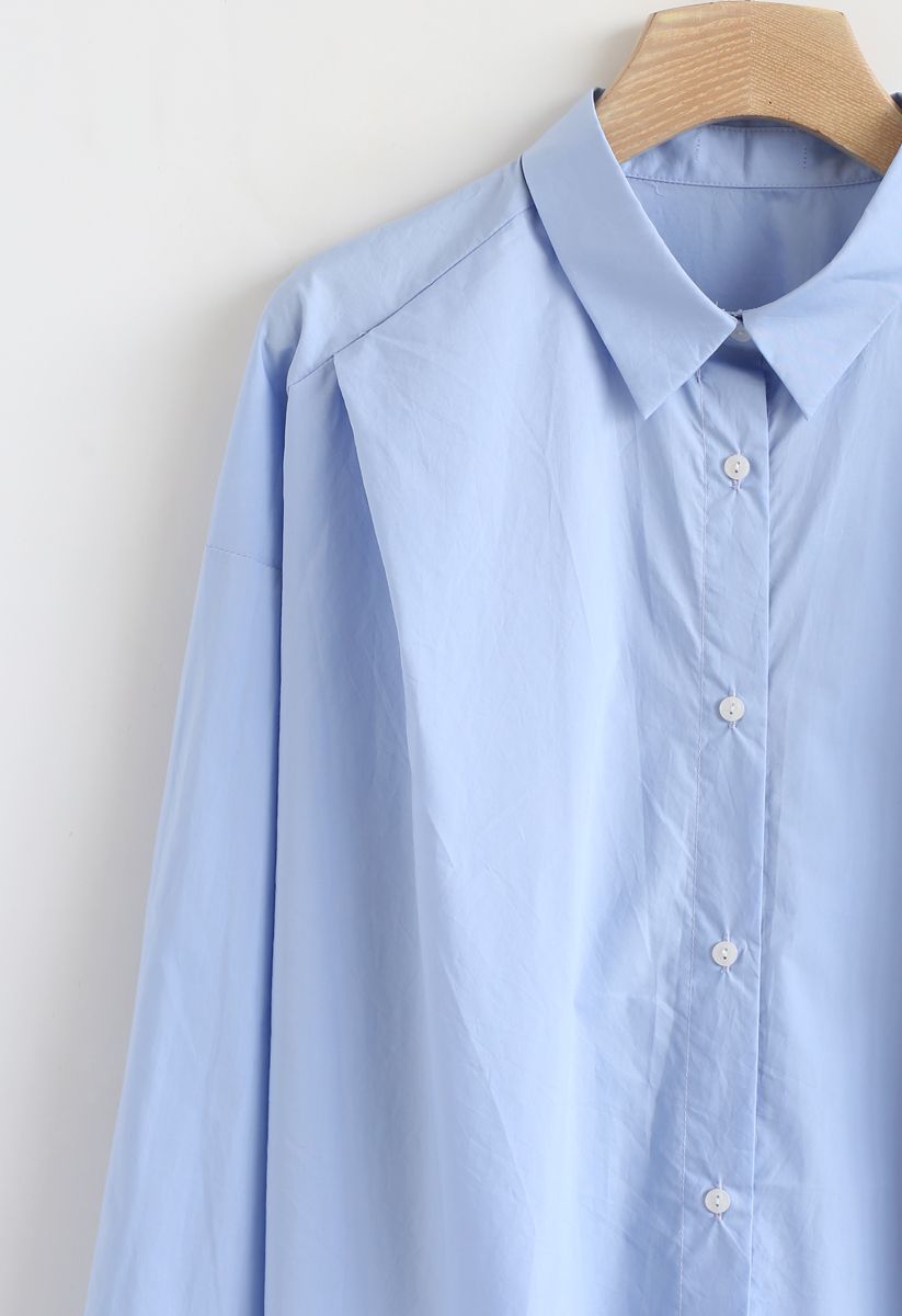 Button Down Sleeves Cropped Shirt in Blue