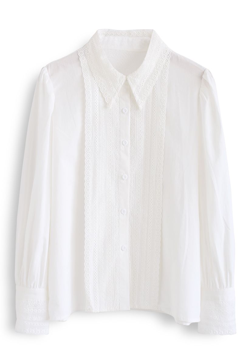 Button Down Crochet Trim Shirt in White