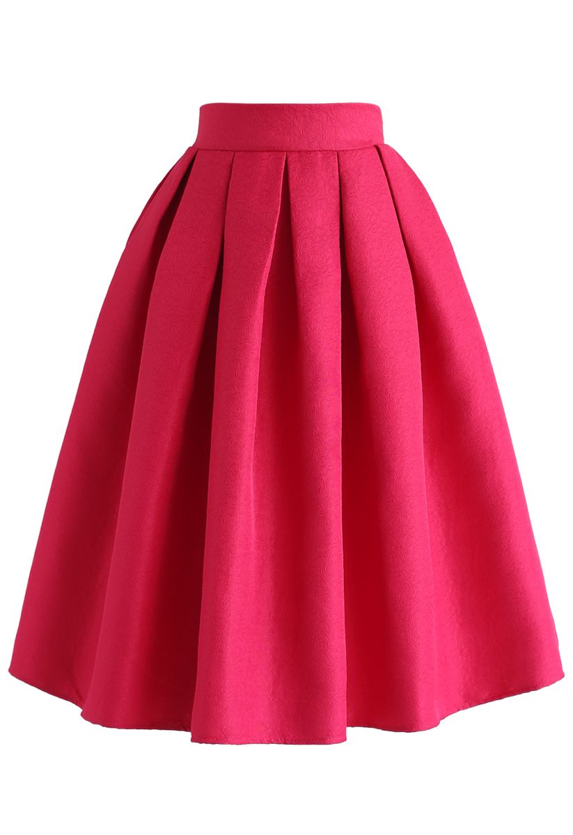 Jacquard Pleated A-Line Midi Skirt in Hot Pink