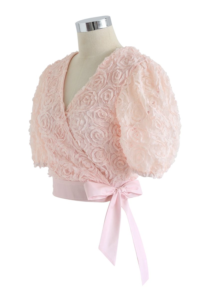 3D Roses Wrapped Crop Top in Nude Pink