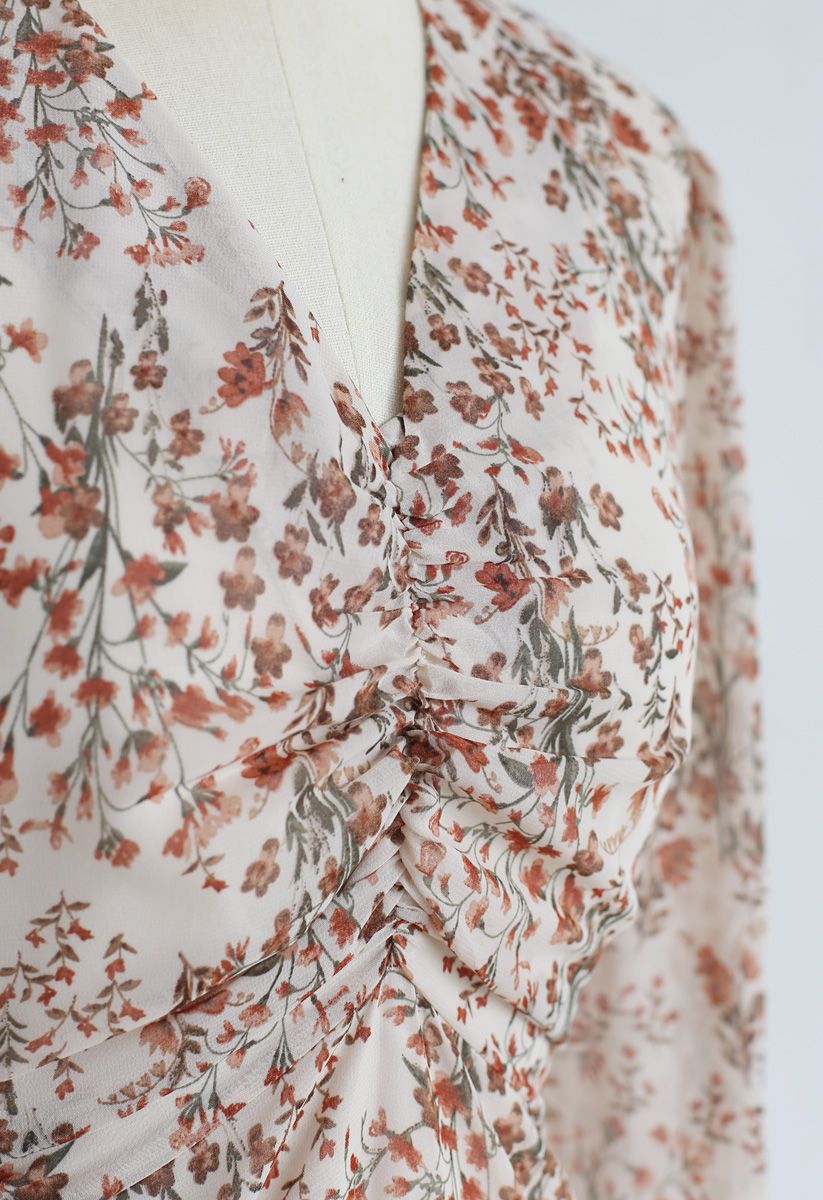 All-Over Posy Printed Chiffon Dress in Cream