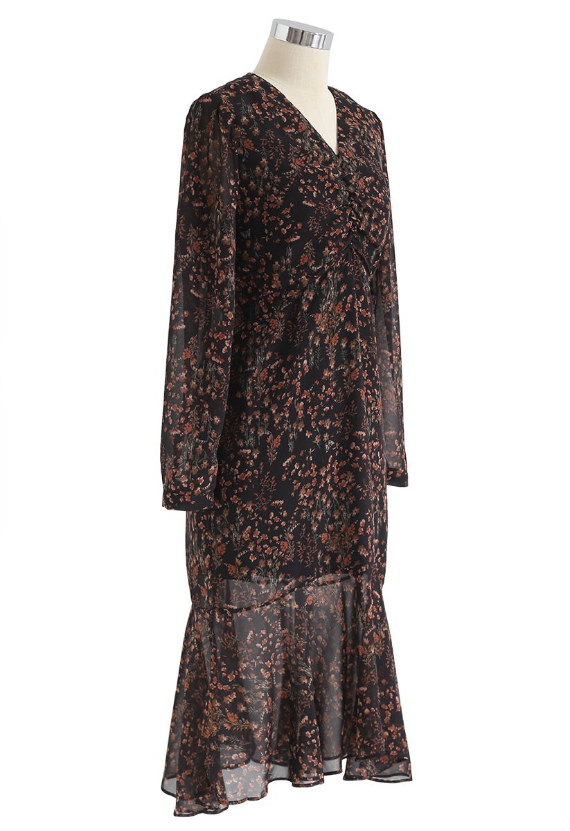 All-Over Posy Printed Chiffon Dress in Black