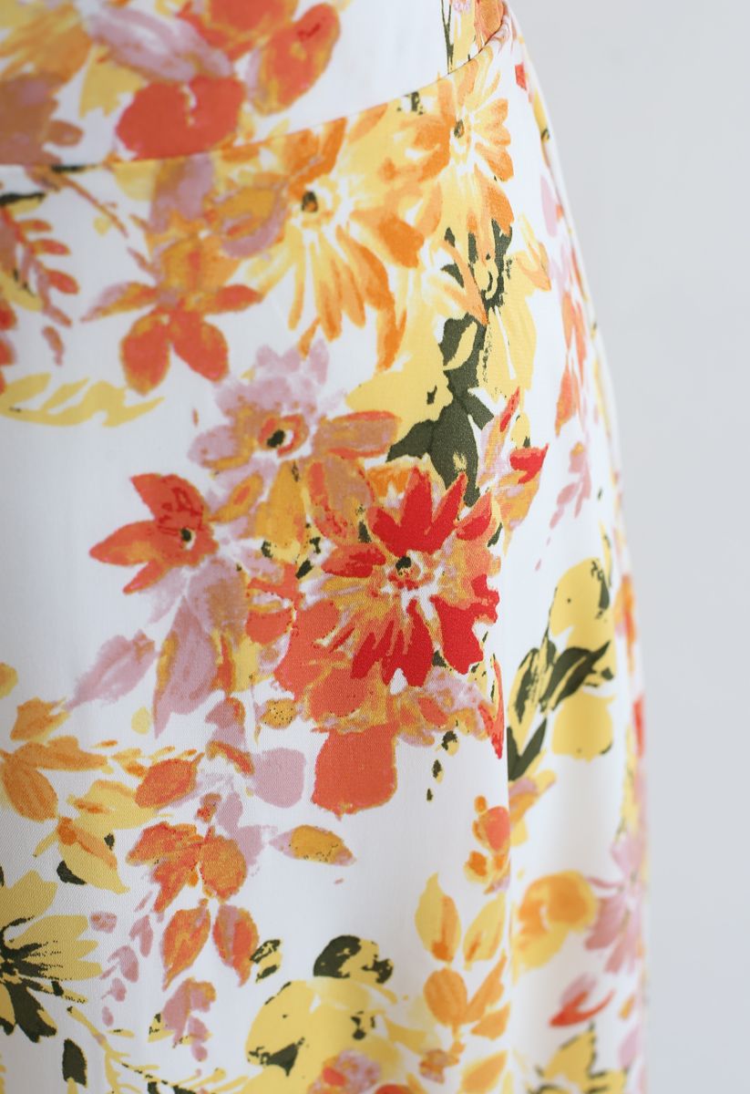 Blooming Season Watercolor Chiffon A-Line Midi Skirt in Orange