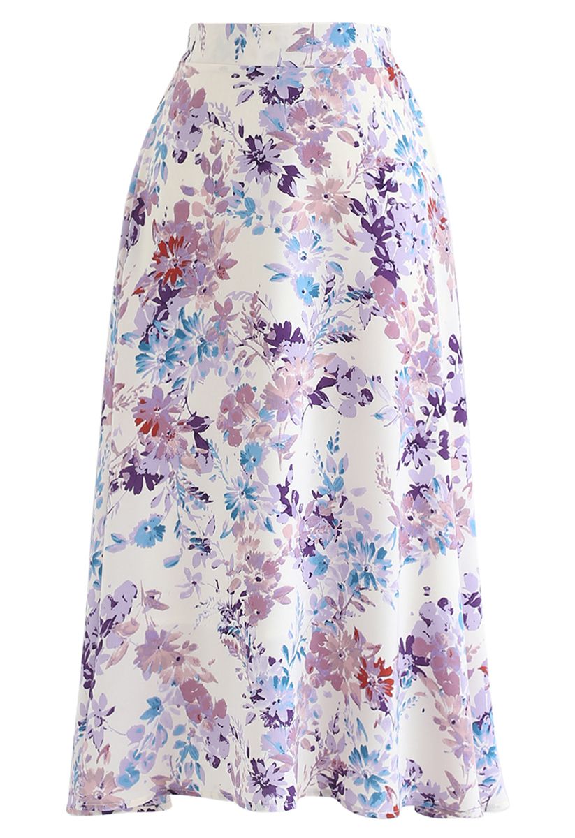 Blooming Season Watercolor Chiffon A-Line Midi Skirt in Lilac