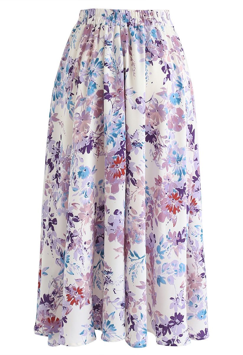 Blooming Season Watercolor Chiffon A-Line Midi Skirt in Lilac