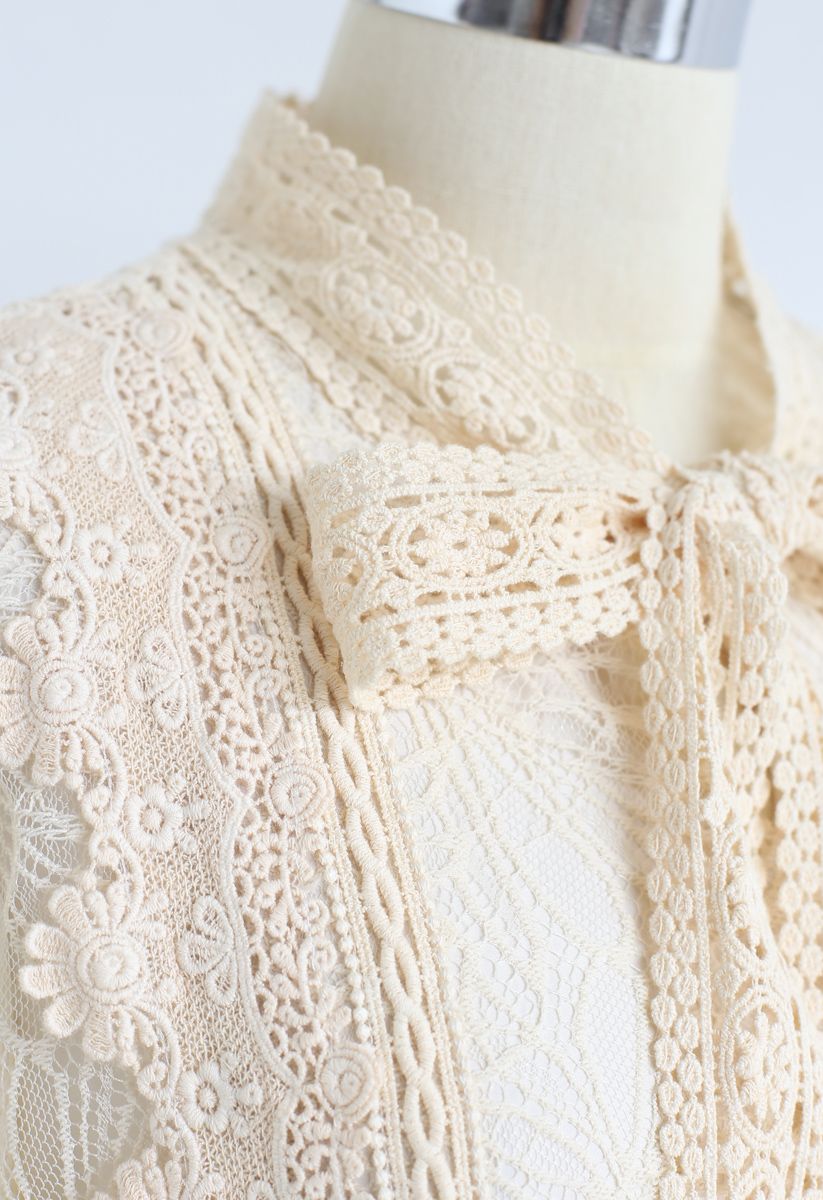 Bowknot Crochet Trim Lace Dress in Cream