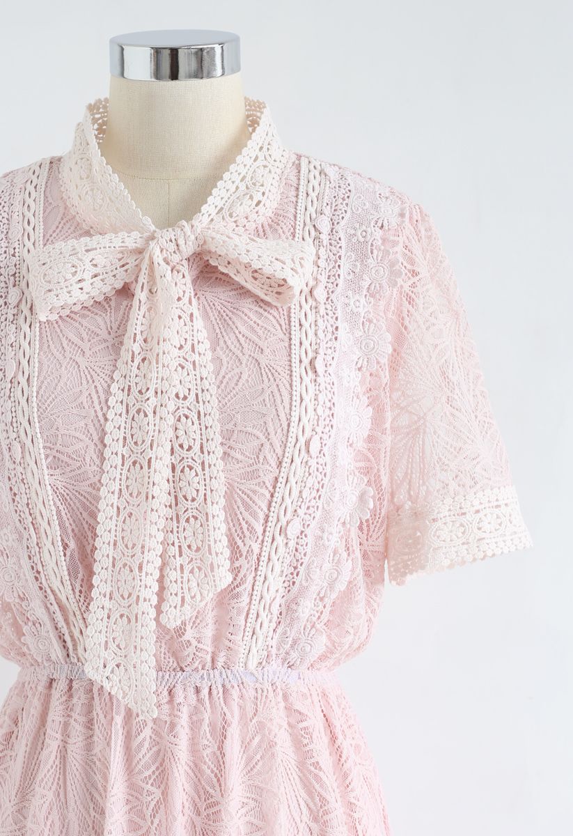Bowknot Crochet Trim Lace Dress in Pink