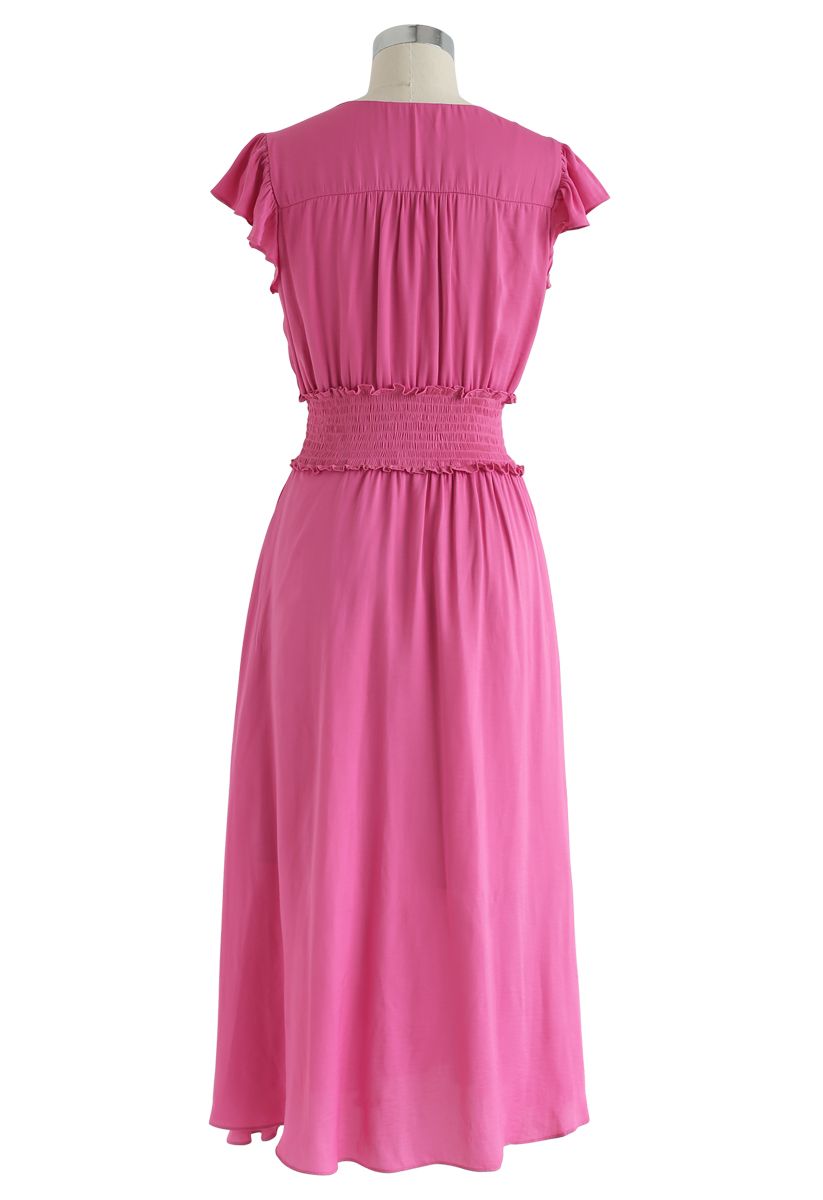 Shirred Button Down Ruffle Dress in Hot Pink