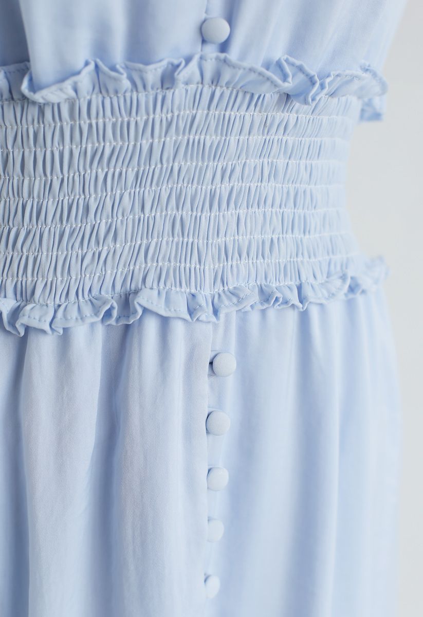 Shirred Button Down Ruffle Dress in Sky Blue