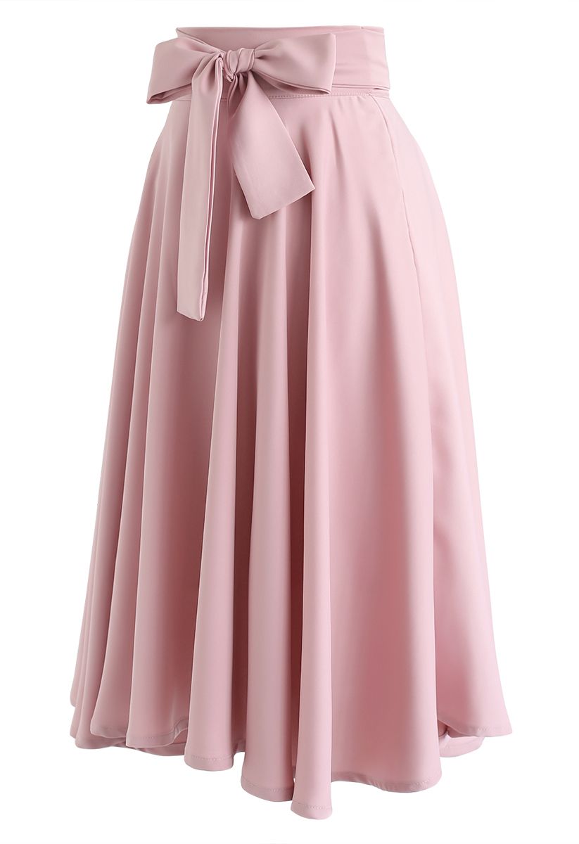 Flare Hem Bowknot Waist Midi Skirt in Pink - Retro, Indie and Unique ...