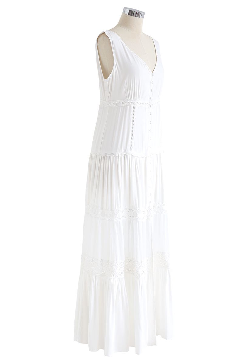 Crochet Trims Panelled Button Down Sleeveless Maxi Dress in White