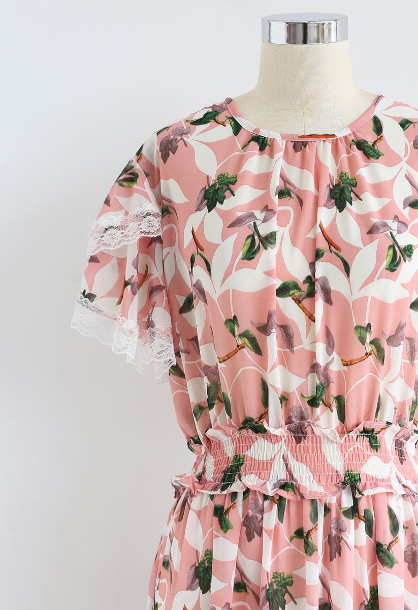 Lush Branches Frilling Chiffon Dress in Pink