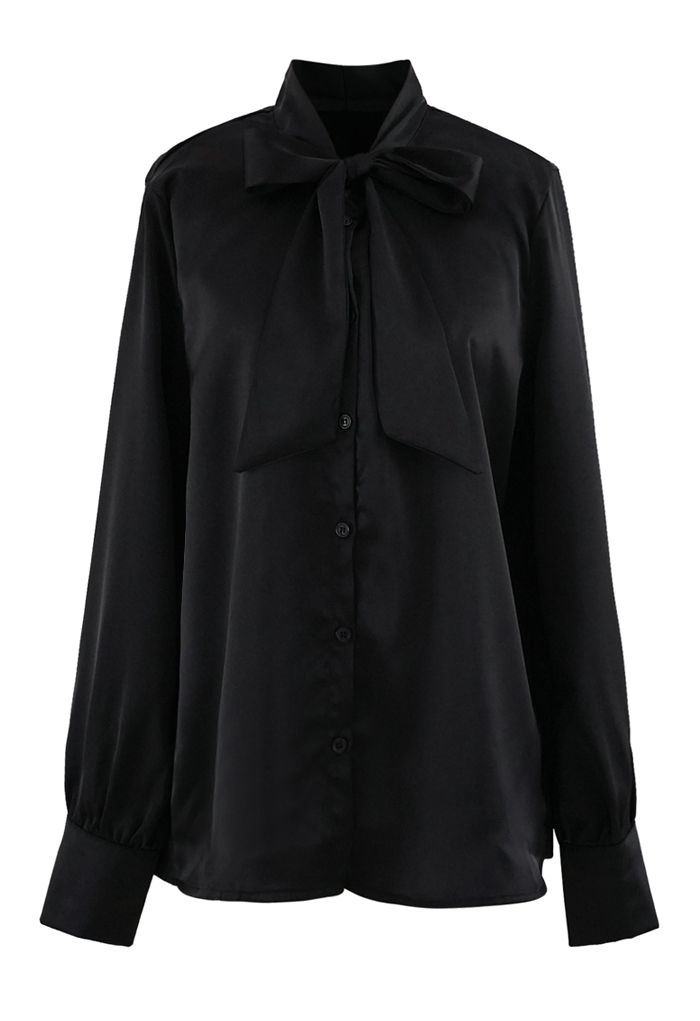 Bowknot Tie Neck Button Down Shirt in Black