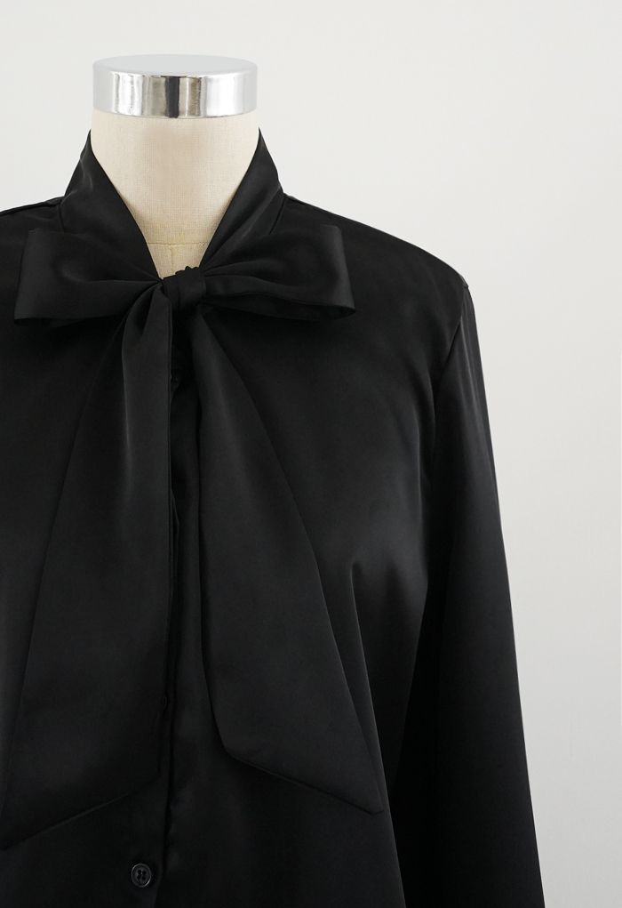 Bowknot Tie Neck Button Down Shirt in Black