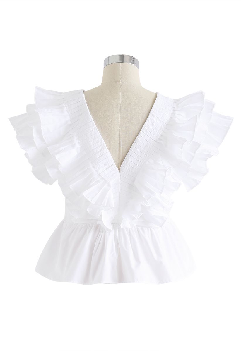 Pleated Ruffle Buttoned Deep V-Neck Crop Top