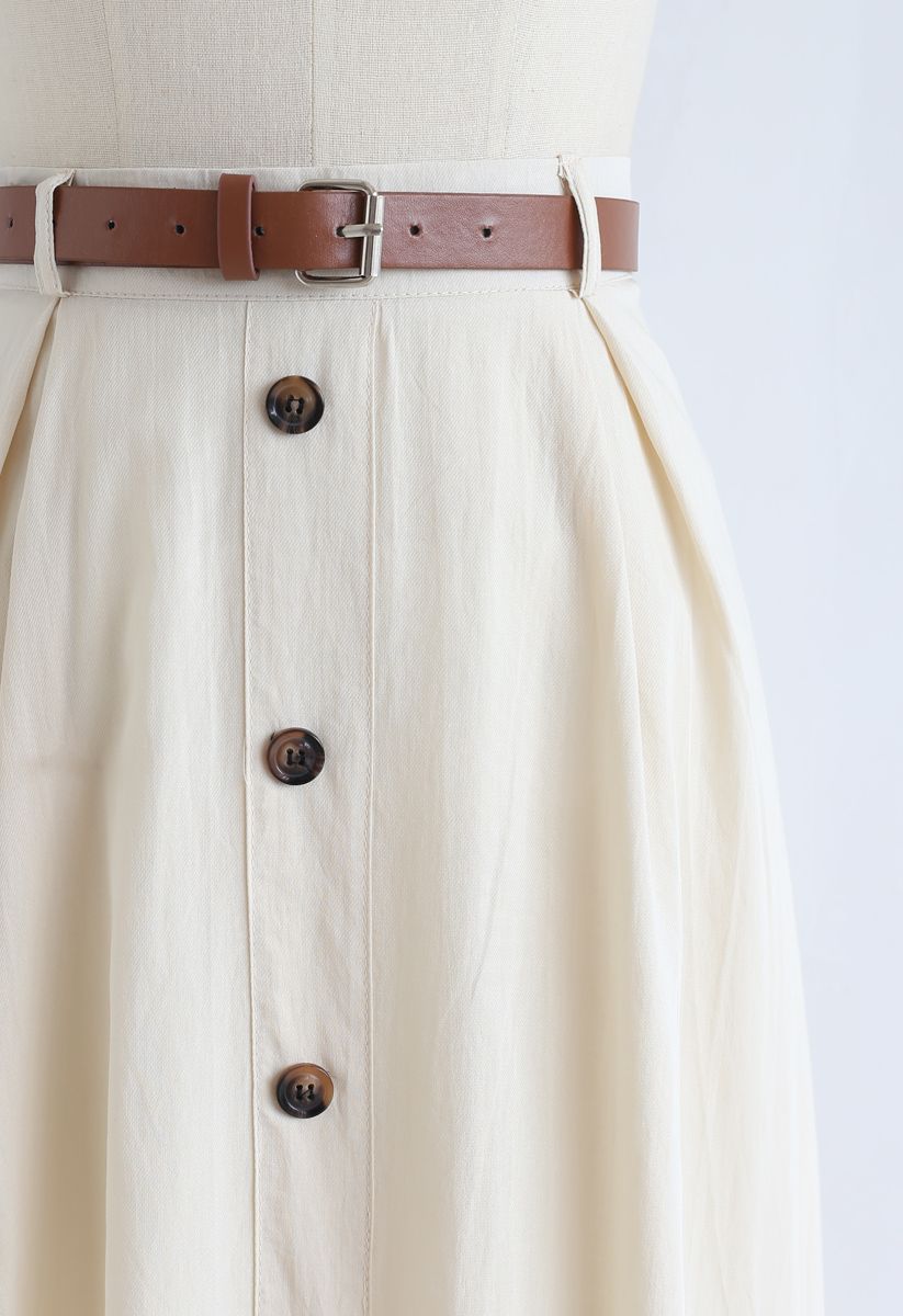 Buttoned Belted A-Line Midi Skirt in Cream