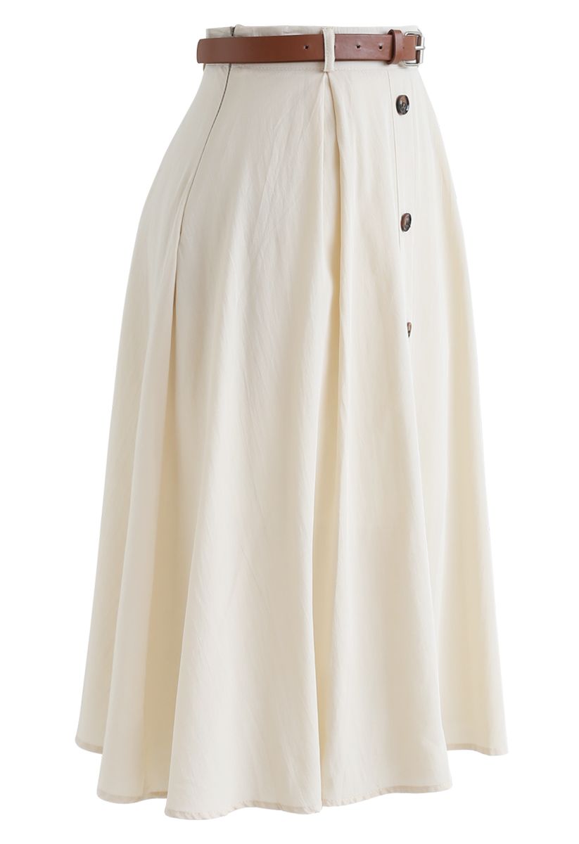 Buttoned Belted A-Line Midi Skirt in Cream