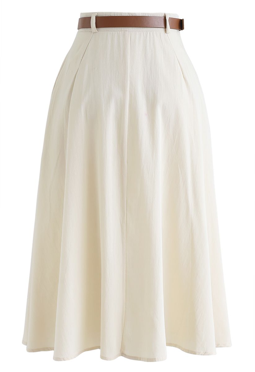 Buttoned Belted A-Line Midi Skirt in Cream