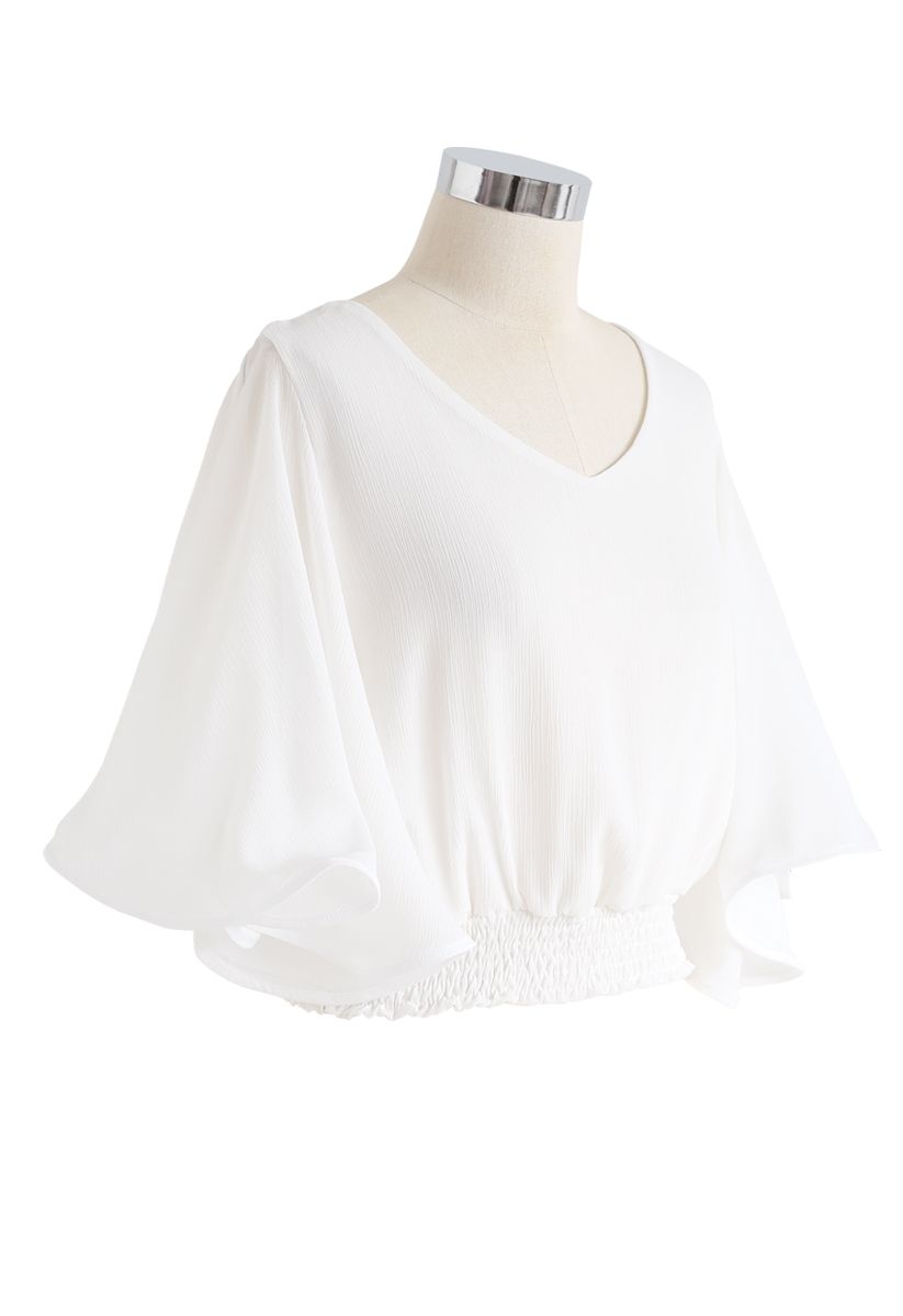 Butterfly Flare Sleeves V-Neck Crop Top in White
