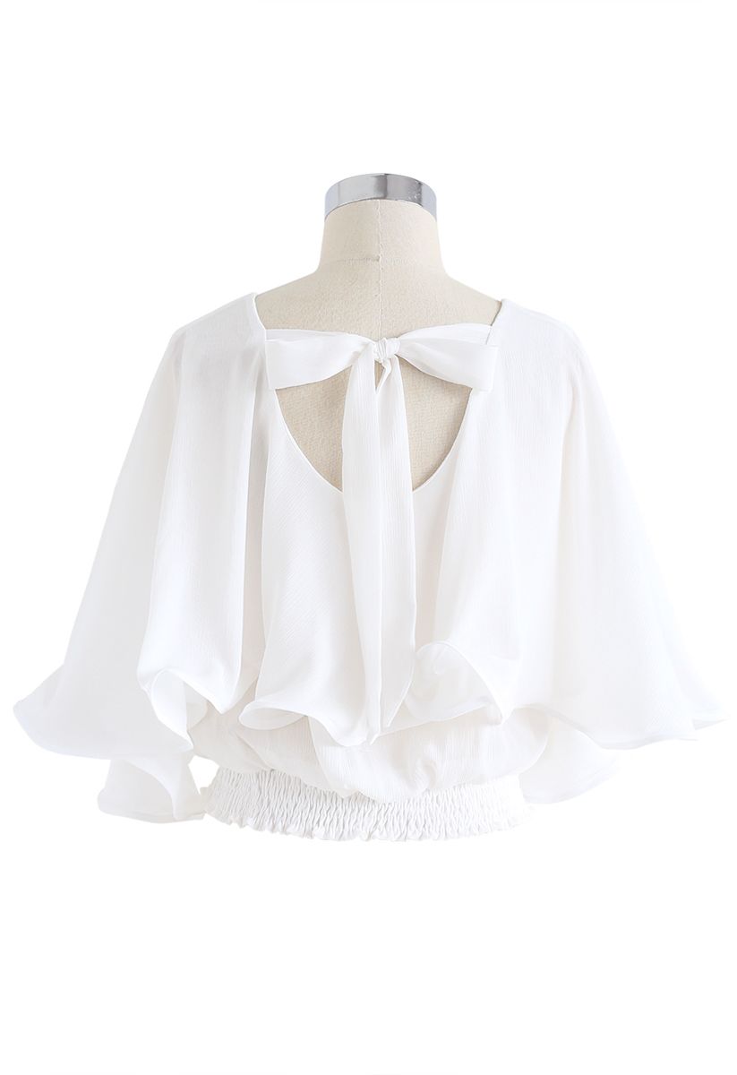 Butterfly Flare Sleeves V-Neck Crop Top in White