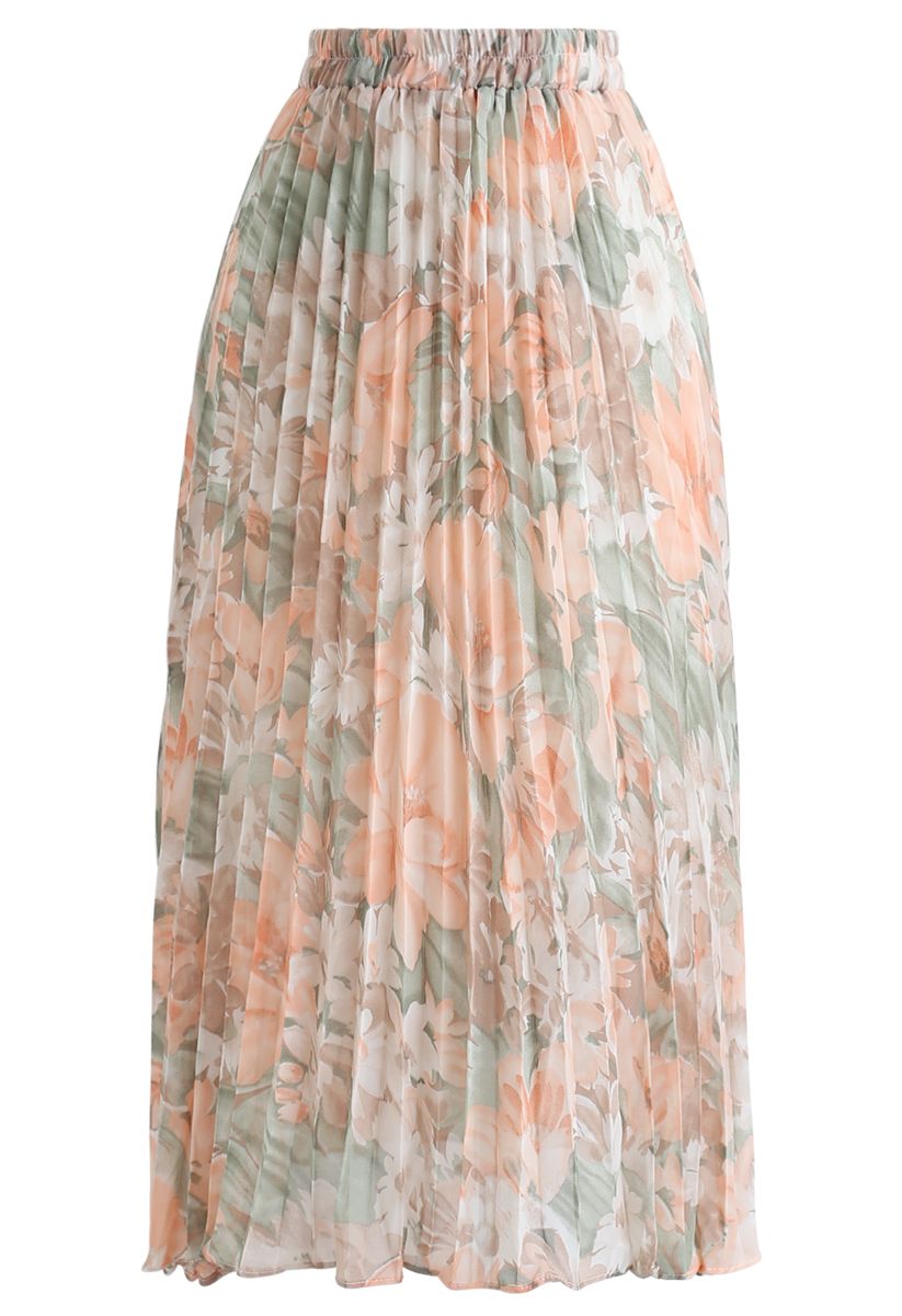 Delightful Floral Pleated Chiffon Skirt in Coral