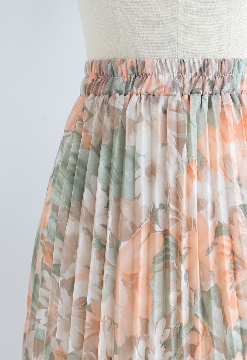 Delightful Floral Pleated Chiffon Skirt in Coral