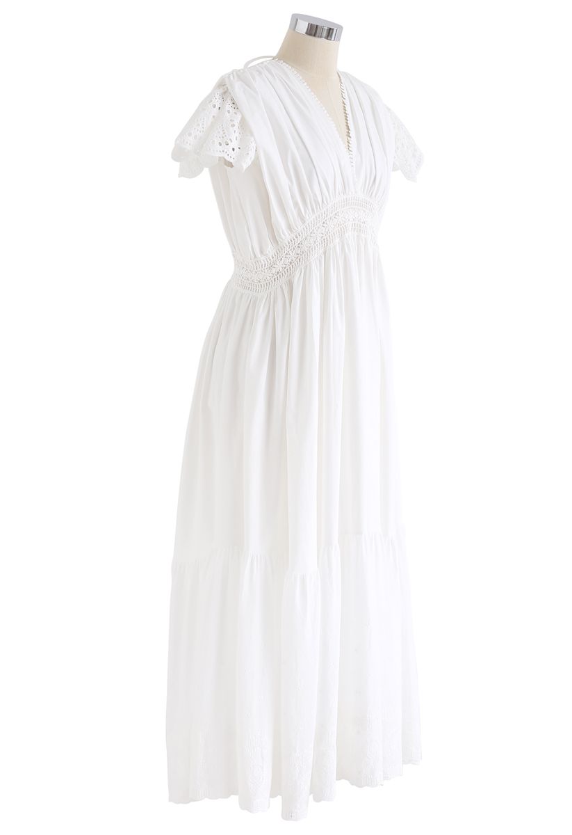 Frill Hem Plunging V-Neck Sleeveless Maxi Dress in White