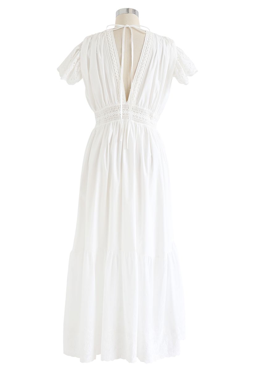 Frill Hem Plunging V-Neck Sleeveless Maxi Dress in White