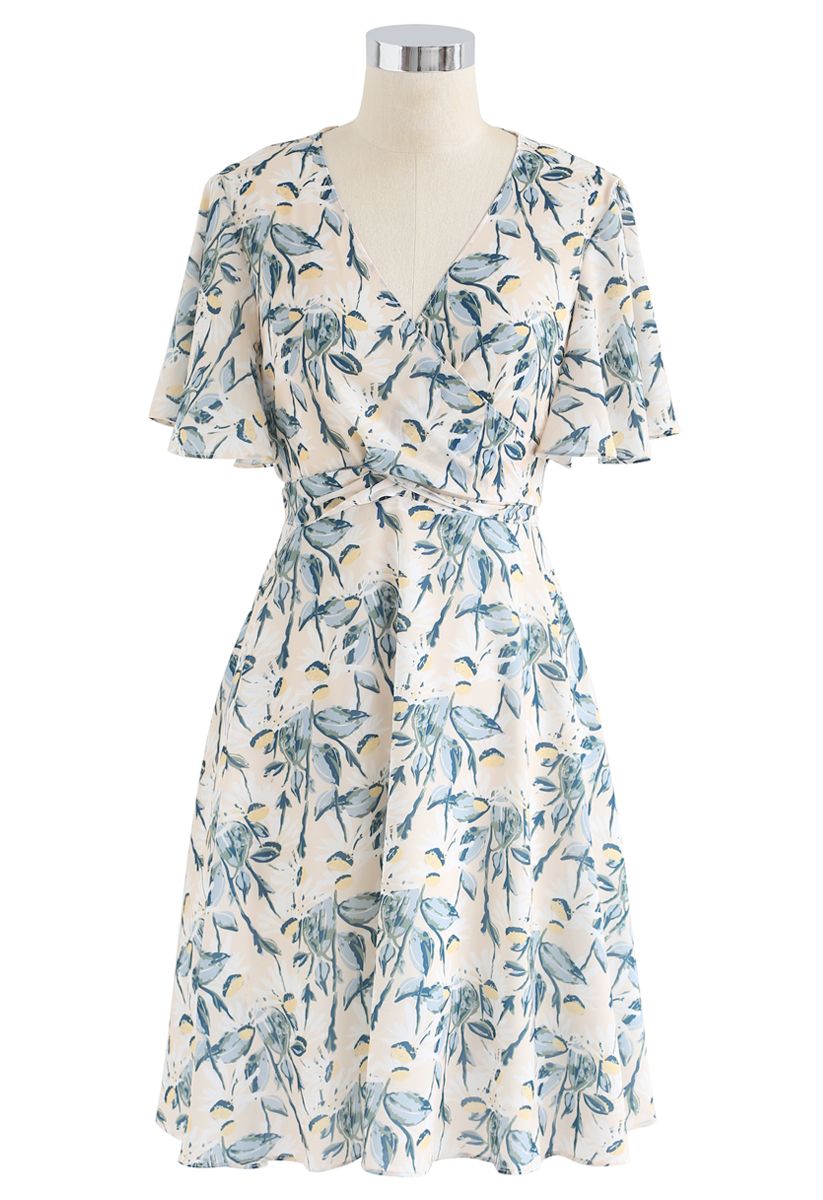 Feverfew Print Decorated Knotted Midi Dress