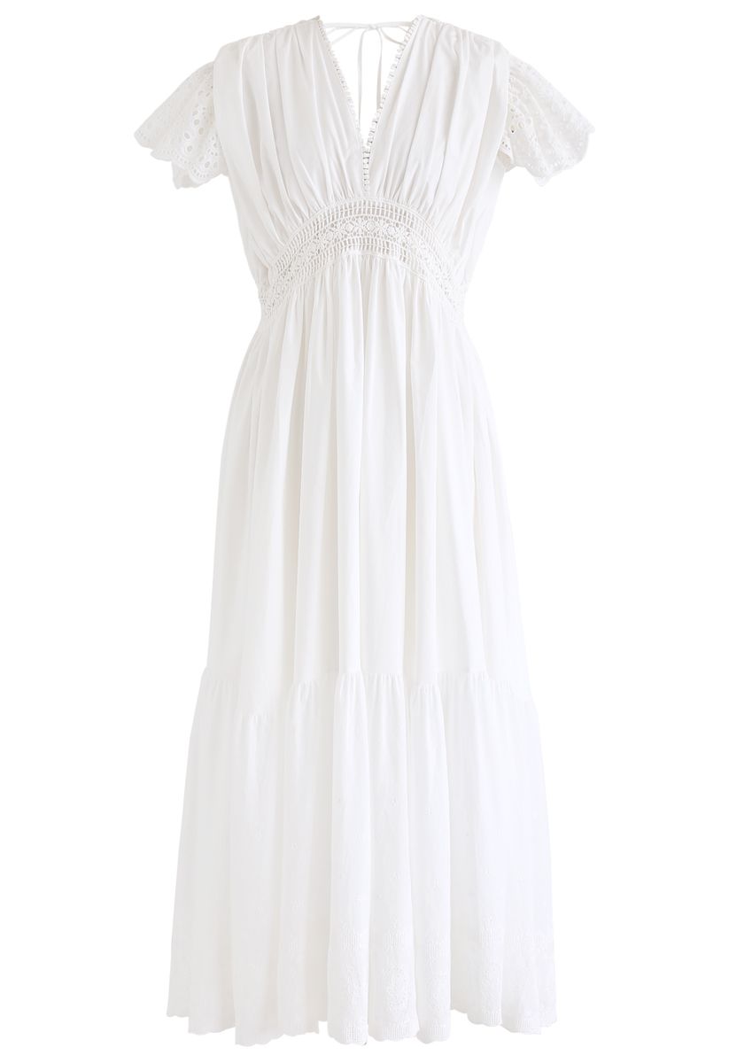 Frill Hem Plunging V-Neck Sleeveless Maxi Dress in White